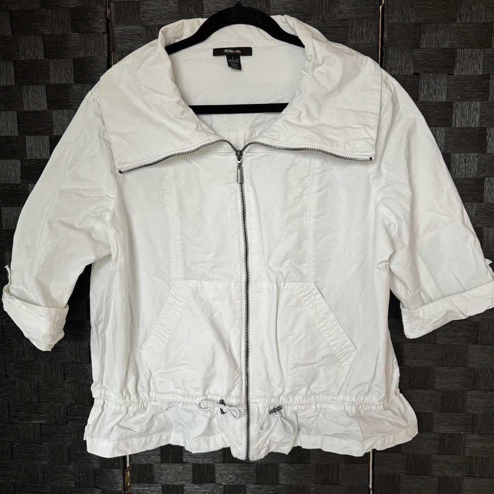 Style & Co Womens L White Zip Front Drawstring Utility Jacket 3/4 Sleeve